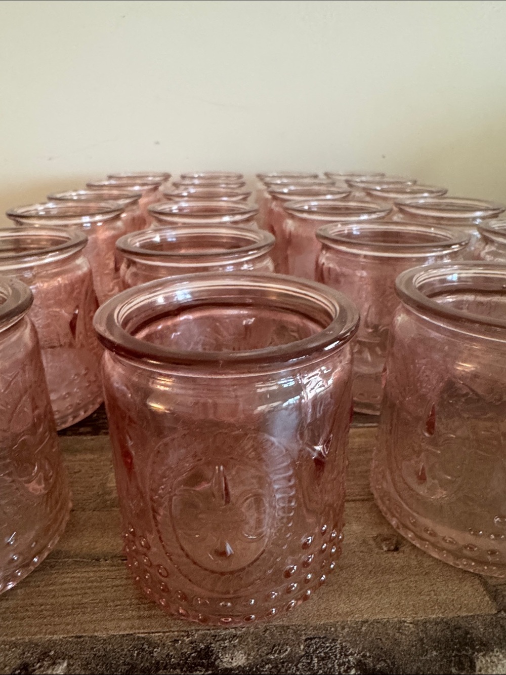 Set of 24 Kate Aspen Vintage Pink Glass Tea Light Holders – Used Once